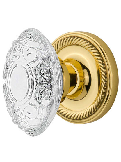 Rope Rosette Door Set with Victorian Crystal-Glass Knobs - 2 3/4 in Un-Lacquered Brass.